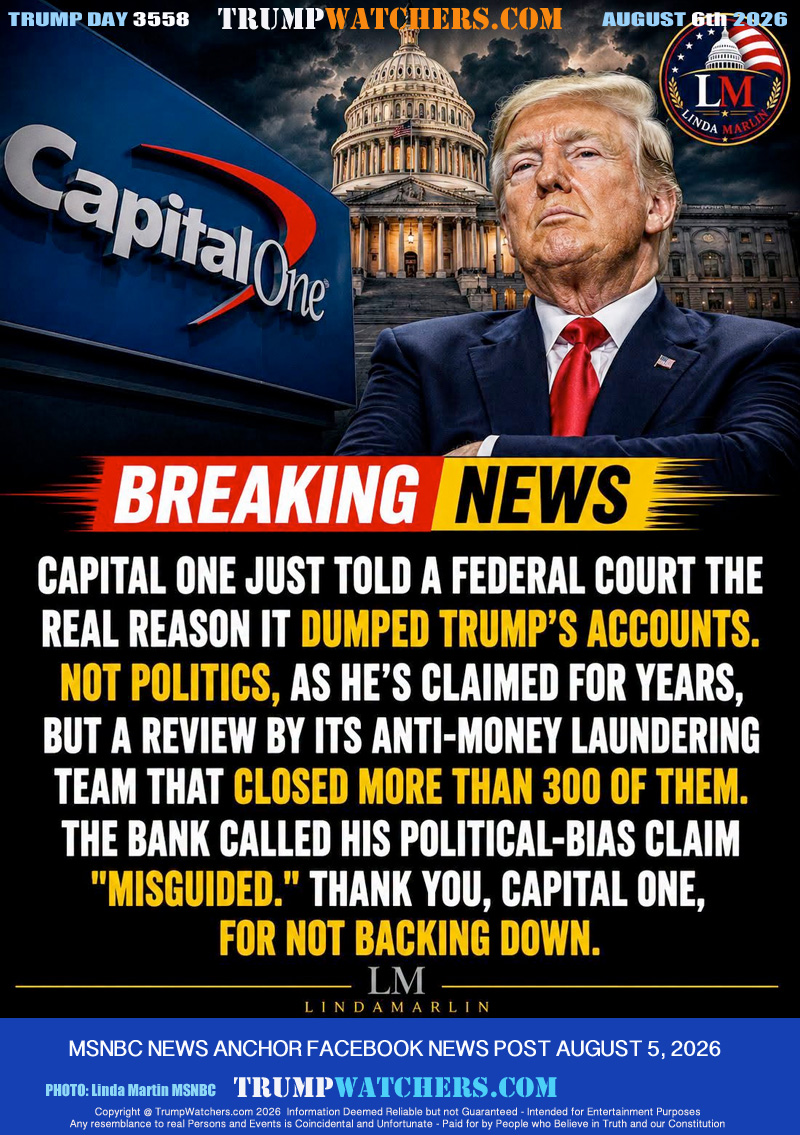 BREAKING NEWS

CAPITAL ONE JUST TOLD A FEDERAL COURT THE REAL REASON IT DUMPED TRUMP'S ACCOUNT. NOT POLITICS AS HE CLAIMED FOR YEARS, BUT A REVIEW BY ITS ANTI-MONEY-LAUNDERING TEAM THAT CLOSED MORE THE 300 OF THEM. THE BANK CALLED HIS POLITICAL-BIAS CLAIM 